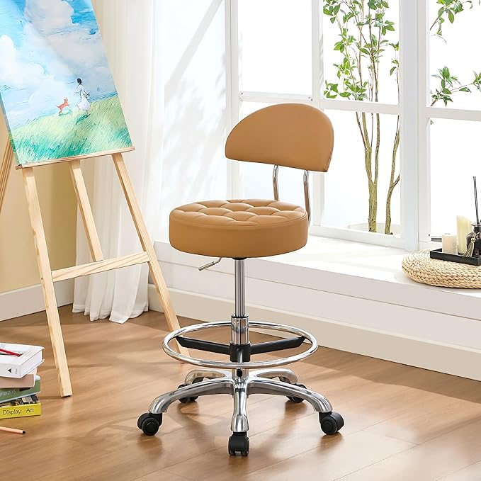Rolling Chair (Adjustable Height 20-27 inch) (Stool with Quiet Wheels and Foot Rest) Multifunctional Nail Salon and Spa Stools (Camarel Brown)
