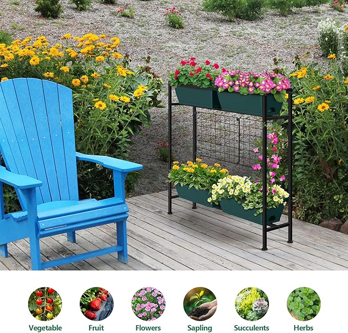 Raised Garden Beds 32.4" Tall Vertical Planter Boxes with Trellis Standing Herb Garden Planter Outdoor with Metal Fences Legs for Small Climbing Plant Gardening Vegetables Patio Balcony Porch, Green