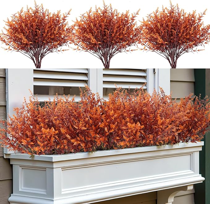 RECUTMS Outdoor Faux Plants Fall Fake Lavender Plants UV Resistant Artificial Greenery Artificial Flowers Indoor 8Pcs Fake Outside Flowers for Balcony Window Garden Thanksgiving Decorations (Brown)