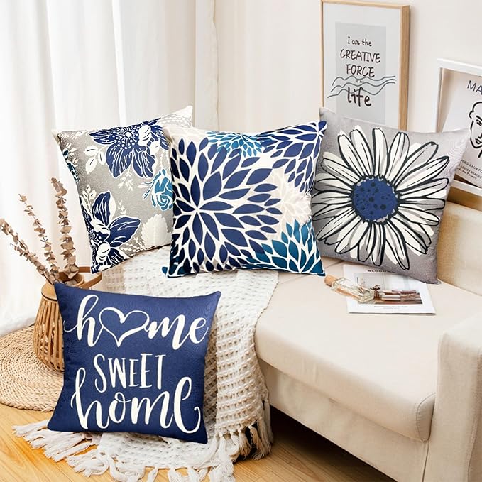 Decorative Throw Pillow Covers 20x20 Inch Pillow Covers Set of 4 Blue Pillow Cover Linen Square Pillow case,Farmhouse Throw Pillow Cover Outdoor Pillow Covers for Couch Sofa Living Room