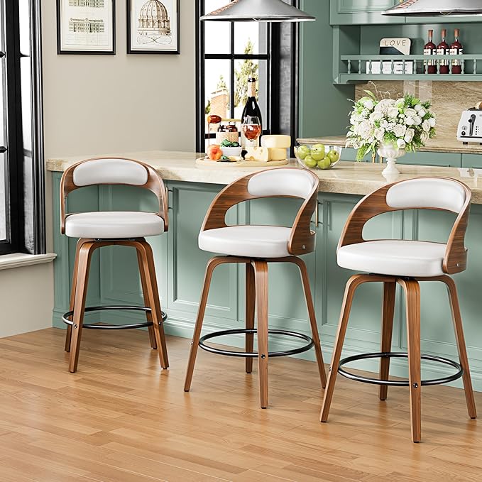 Bar Stools Set of 6, 26" Counter Height Barstools with Bentwood Legs, Swivel Counter Stools with Back, Mid Century Modern Faux Leather Upholstered Barstools for Kitchen Island, White