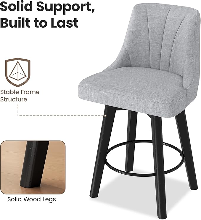 Counter Height Swivel Bar Stool, 24" Upholstered Fabric Barstools Set of 8, Counter Stool Chair with Back & Solid Wood Legs for Kitchen Island Dining Room (Light Gray)