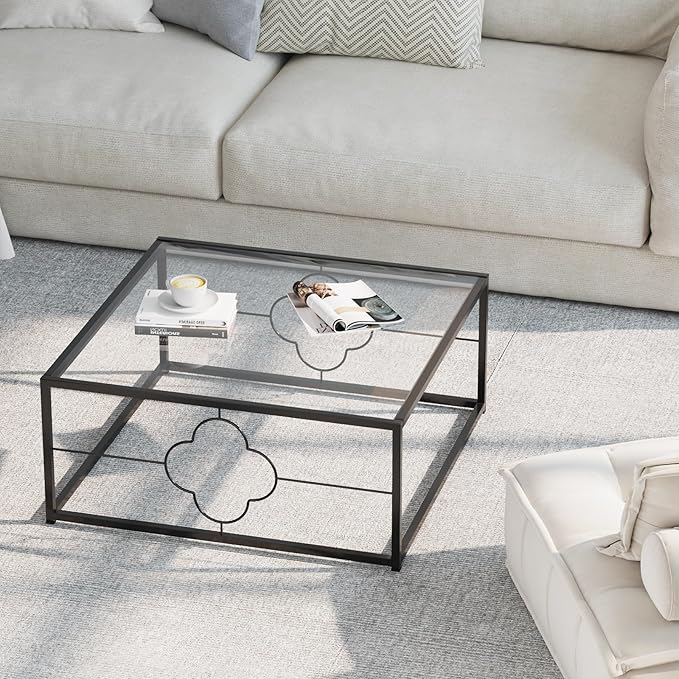 Black Coffee Table Modern Center Table,Glass Square Minimalist Coffee Table Tea Table for Living Room,Tempered Glass-top with Sturdy Metal Frame, Easy Assembly,26.4 x 26.4 x 15.7 Inches