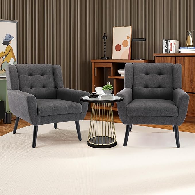 NicBex Accent Chair Set of 2, Modern Chair for Living Room Upholstered Foam Filled Living Room Chairs with Metal Legs Linen Cozy Lounge Armchair for Living Room Bedroom,Dark Grey