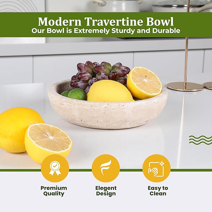Travertine Decorative Bowl - 7.8” Diameter & 2” Height - Key Bowl for Entryway Table - Travertine - Organic Modern Centerpiece - Beige/Natural