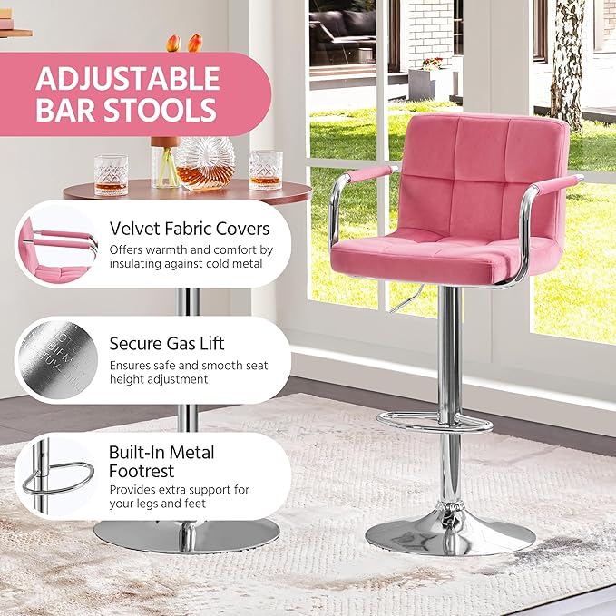 Yaheetech Bar Stools Set of 4, Velvet Fabric Swivel Barstools, Height Adjustable Counter Chairs, Modern Stools with Back for Bar Kitchen Island Dining Room, Pink