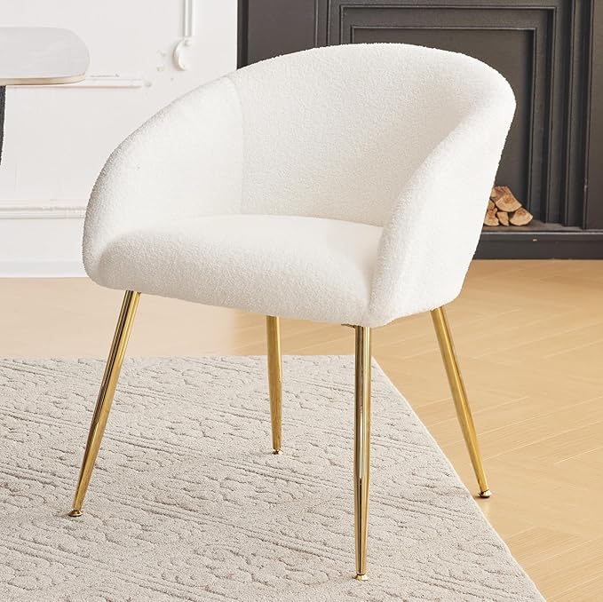 Modern Small Accent Chair, Comfy Sherpa Makeup Vanity Chair with Golden Metal Legs, Decorative Chair no Wheels for Living Room, Dressing Room, Bedroom, White