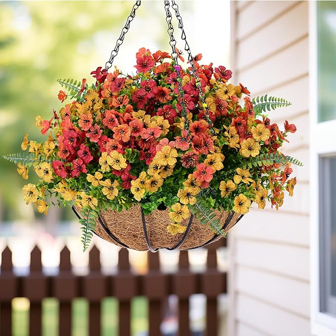 Artificial Faux Plants Flowers Outdoor Decoration,18 Bundles Fake Silk Colorful Daisy Eucalyptus Realistic UV Resistant for Outside Home Planter Porch Patio Yard Decor (Yellow Red)