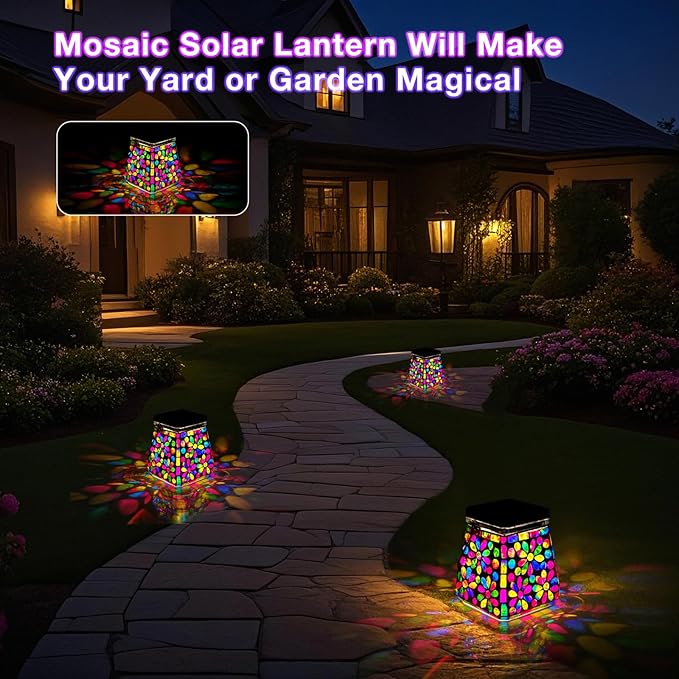 VOREEN Mosaic Solar Lanterns, Handmade Outdoor Glass Hanging Lights, Solar Table Lamps, IP44 Waterproof Lights, Deco for Garden, Patio, Yard, Party, Balcony, Gift for Mom Wife Friend, Colorful Flower