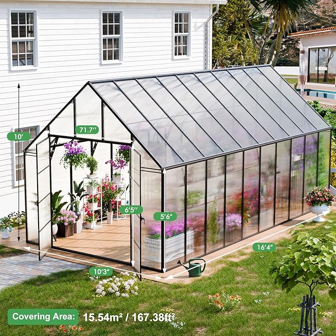 CDCASA 20x10x10 FT Greenhouse for Outdoors, Easy Assembly Large Thicker Aluminum Heavy Duty Polycarbonate Greenhouses Kit w/4 Vents, Swing Door, Outside Walk-in Green House for Sunroom Patio,Backyard
