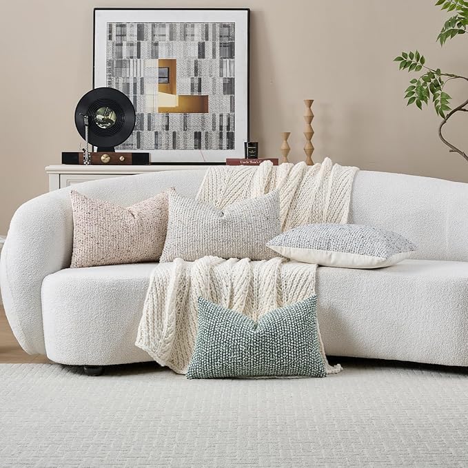 DEZENE Striped Throw Pillow Covers 12x20 Set of 2 Green Textured Polyester Chic Morden Boho Accent Farmhouse Rectangular Lumbar Decorative Couch Pillow Covers for Home Decor Bed Sofa Living Room