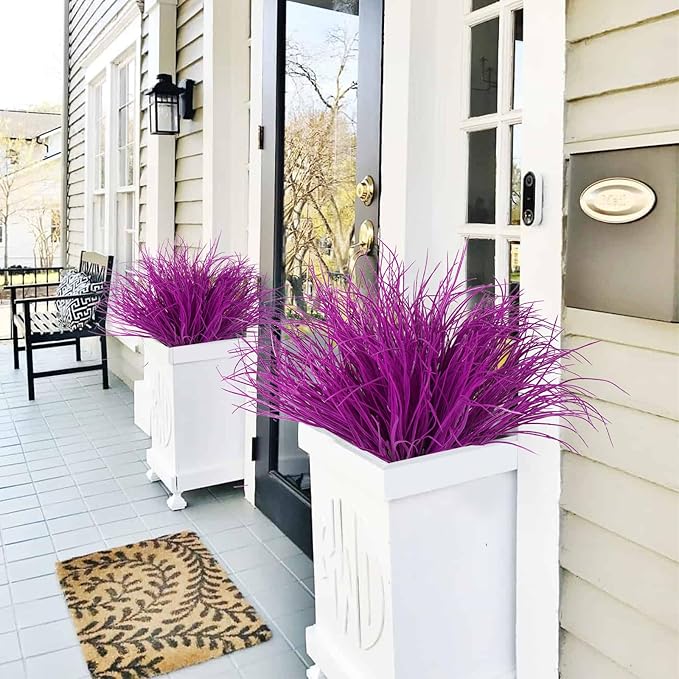 12 Bundles Artificial Fake Grass Plants Flowers Faux Plastic Wheat Grass Outdoor UV Resistant Greenery Shrubs Plant for Outdoor Planters Wedding Indoor Outside Hanging Home Garden Décor(Pure Fuchsia)