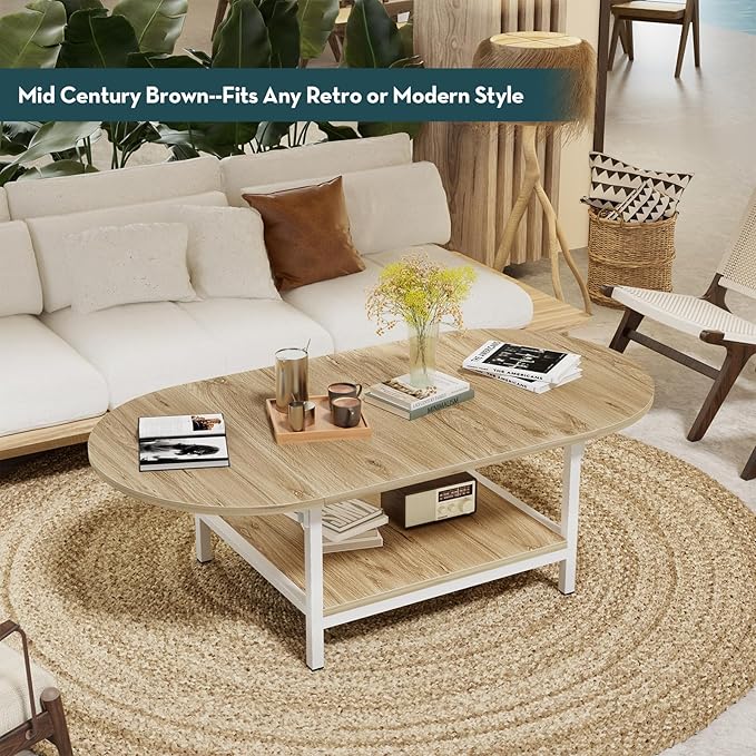SAYGOER Modern Coffee Table 2-Tier Extended Coffee Tables for Living Room 2-Tier Small Extended Table with Storage White Center Table for Large or Small Spaces, Foldable, Oak