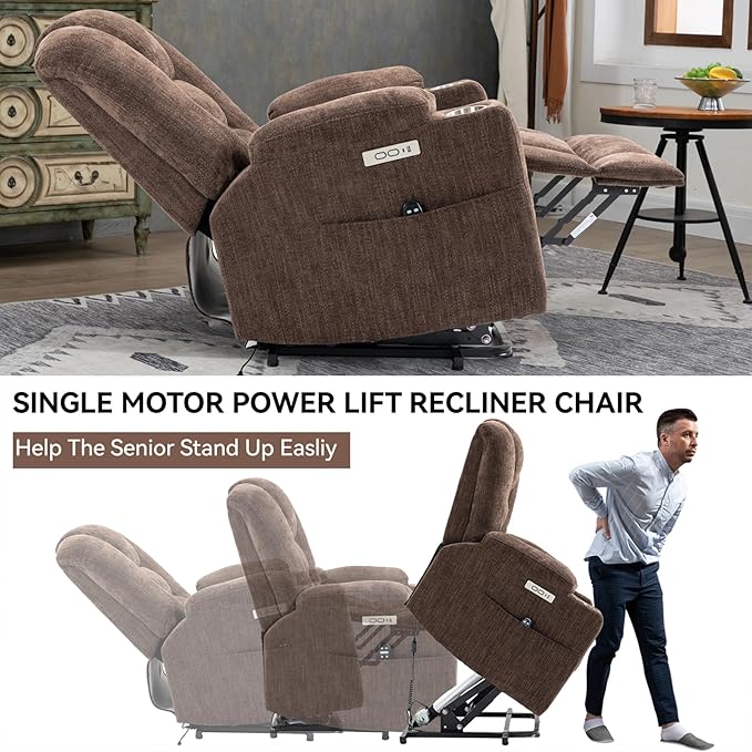 Large Power Lift Recliner Chair for Eldery, Overstuffed Wide Recliners with Massage and Heat, Electric Living Room Chairs with USB Charge Port, 2 Cup Holders, Brown