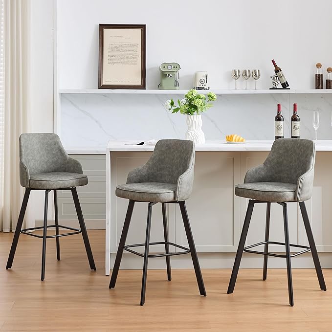 Bar Stools Set of 3, 30" Swivel Bar Height Bar stools with High Back, Faux Leather Kitchen Barstools Bar Height for Kitchen Island (Light Grey, 3PCS 30" Bar Stools)