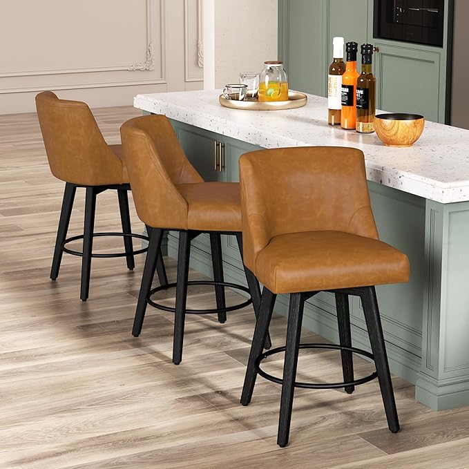 Counter Height Bar Stools Set of 4, Modern Swivel Barstools with Back and Wood Legs, Faux Leather Upholstered Bar Chairs, 26" H Kitchen Counter Stools, Kitchen Island Home Bar, Whisky Brown