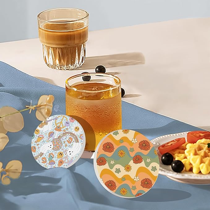 Table Coaster for Drinks Set of 6, Retro 70s Colorful Groovy Round Ceramic Coasters,with Cork Base and Metal Holder,Great Housewarming Birthday Gifts,Home Decor