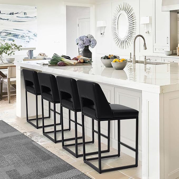 Counter Height Black Bar Stools Set of 2 for Kitchen Counter Modern Bar Chairs with Backs for Kitchen Island with Upholstered Faux Leather Seat and Metal Frame, 26 Inch