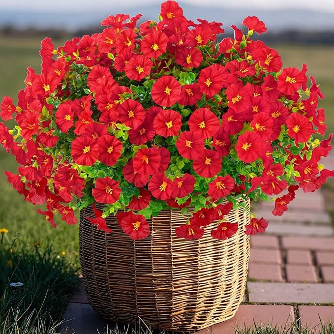 Ouddy Decor 24 Bundles Artificial Flowers for Outdoors Decoration Fake Silk Morning Glory Flowers Faux Eucalyptus Plants UV Resistant for Porch Patio Garden Spring Summer Home Decor, Red