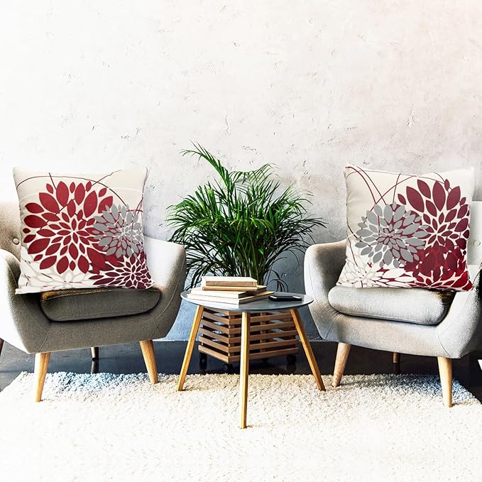 Wine Red Decorative Throw Pillow Covers 22x22 Inch Pillow Covers for Couch Living Room Bedroom Outdoor.Modern Sofa Throw Pillow Cover.Farmhouse Geometric Floral Linen Square Pillow Case.Set of 2