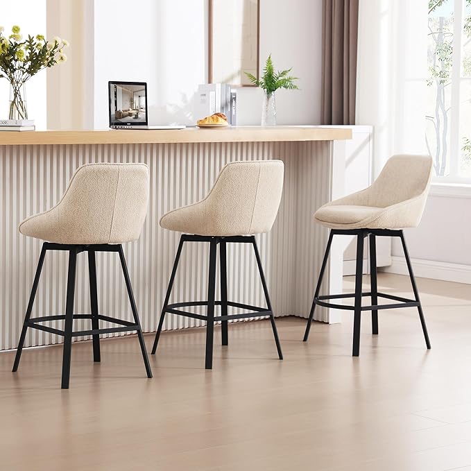 Zesthouse Swivel Counter Stools Set of 2, 26'' Modern Counter Height Barstools with Low Backs & Metal Legs, Upholstered Counter Height Barstools, Beige Linen Fabric Bar Stools for Kitchen Island