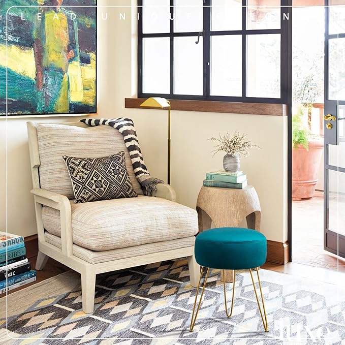 LUE BONA Vanity Stool, Teal Vanity Stools for Makeup Room, Round Ottoman Foot Stool, Velvet Footrest Vanity Chair for Bathroom Vanity, Bedroom, Living Room, Entryway, Offices