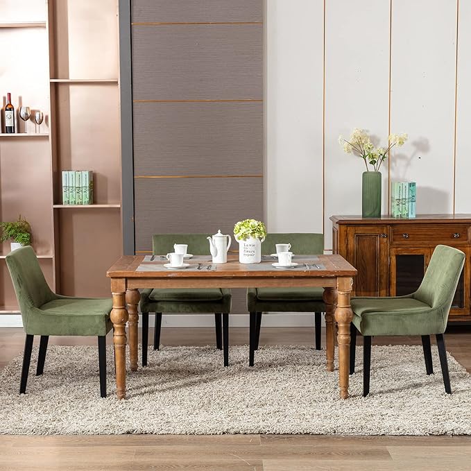 COLAMY Modern Dining Chairs Set of 6, Upholstered Corduroy Accent Side Chairs with Mid Back and Wood Legs for Living Room/Dining Room- Light Green