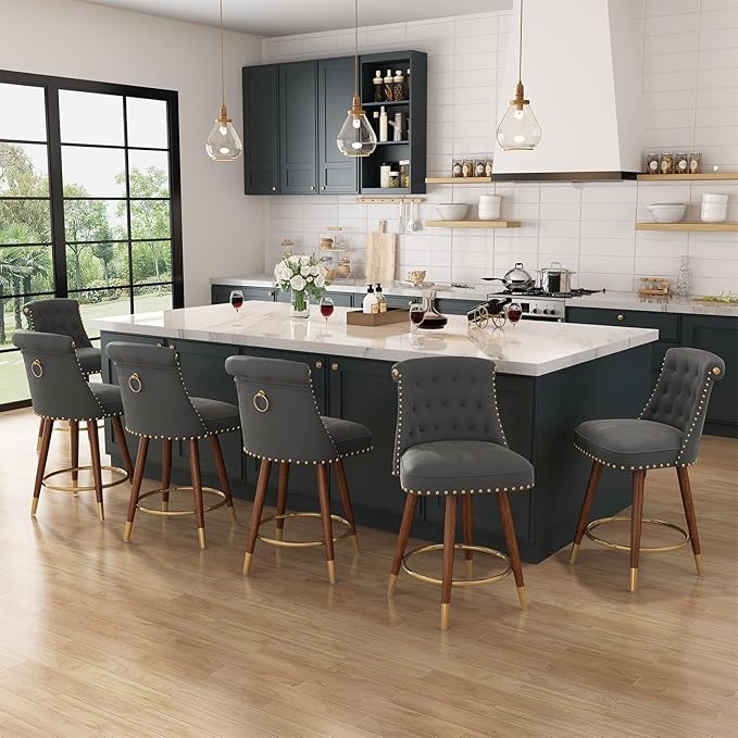24" Counter Height Bar Stools Set of 4, Swivel Counter Stools with Back, Upholstered Velvet Stools for Kitchen Counter with Wood Legs, Fabric in Gray