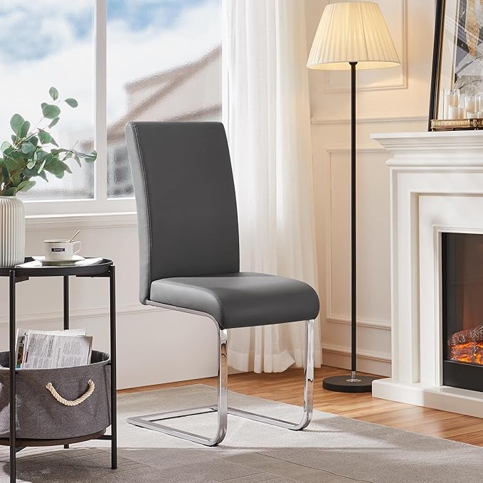 Yaheetech Dining Chairs Set of 4 Modern Faux Leather Upholstered Dining Room Chairs with High Back and Metal Chrome Legs for Kitchen/Living Room/Restaurant, Dark Gray