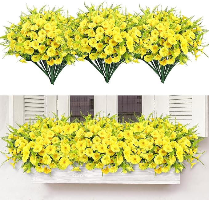 Artificial Flowers Outdoors 12 Bundles Yellow Artificial Petunias Fake Flowers UV Resistant Shrubs Plants with Fern for Indoor Outside Hanging Planters Home Garden Summer Decorations