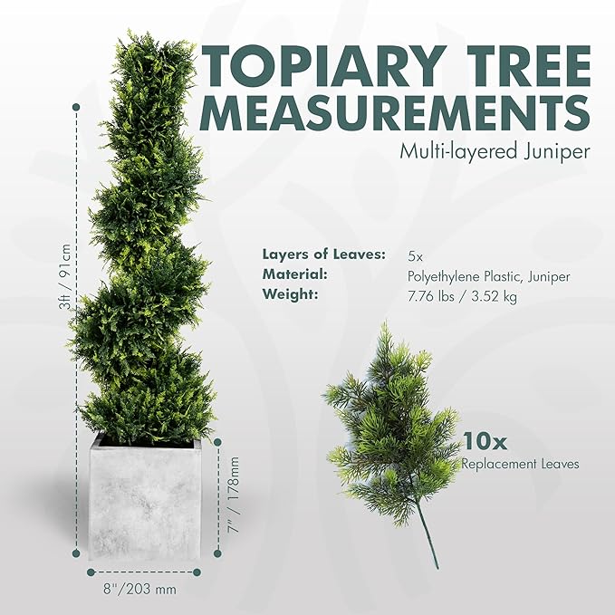 2-Pack Faux Cedar Spiral Topiary Trees - 3.2ft Tall - Planter Included - Artificial Trees for Indoor or Outdoor - Realistic Design with Dense Green Foliage - UV-Protected & Weather-Resistant Plants