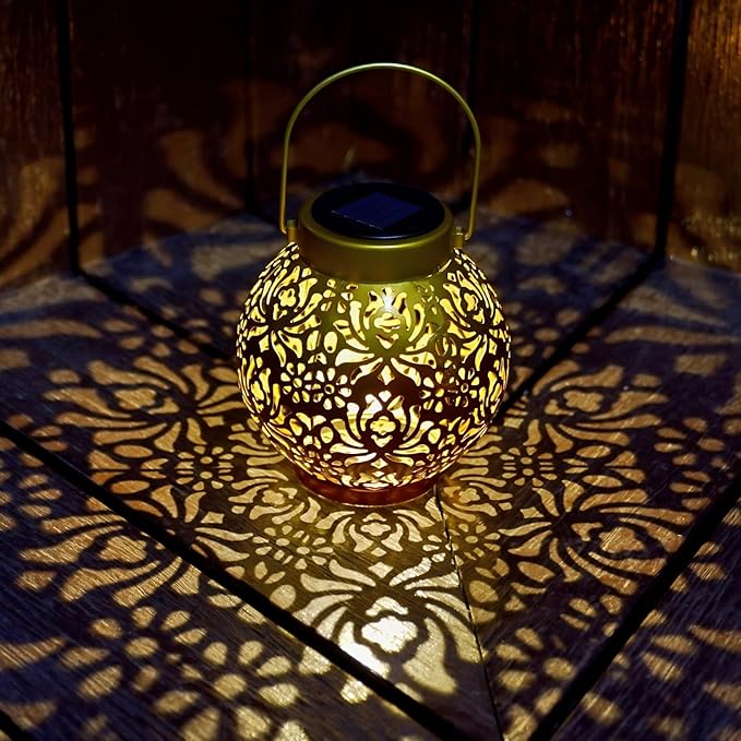 Outdoor Solar Hanging Lantern Lights Metal LED Decorative Lamp for Garden Patio Courtyard Lawn and Table with Hollowed-Out Design (Sunset Blaze)