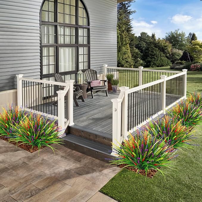 36 Pcs Artificial Plants Outdoor, UV Resistant Fake Outdoor Flowers Faux Plastic Monkey Greenery Grass for Front Porch Window Box Outside Garden Home Office Planters Desk Decor (Mixed Color)