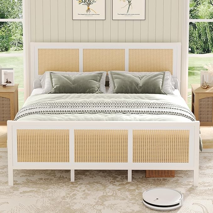 Rattan Bed Frame, Boho King Bed Frame and Headboard, Metal Platform King Size Bed Frames with Strong Slat Support, No Box Spring Needed, Noise Free, Easy Assembly, White