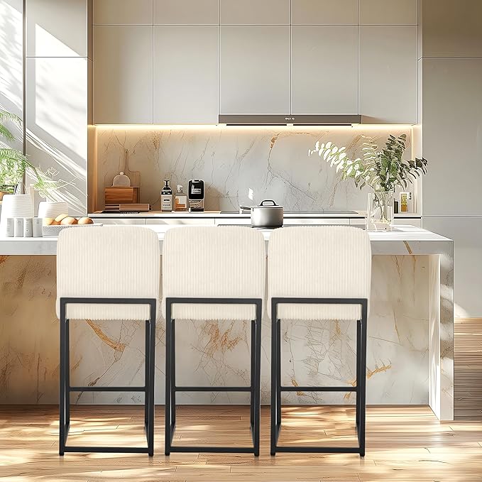 ALPHA HOME 24" Bar Stools Set of 4 Kitchen Counter Stools with Back, Counter Height Stools with Upholstered Footrest for Kitchen Island, Metal Steel Frame, Corduroy, Ivory