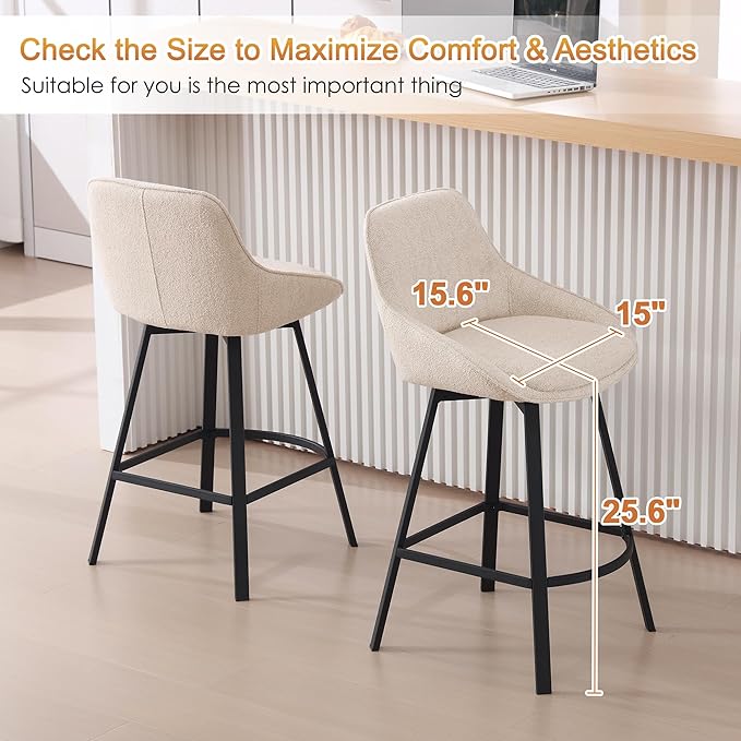 Zesthouse Swivel Bar Stools Set of 3, Modern Counter Height Barstools with Backs, 26'' Upholstered Linen Fabric High Chairs for Island Kitchen, Counter Height Chairs with Metal Legs, Beige