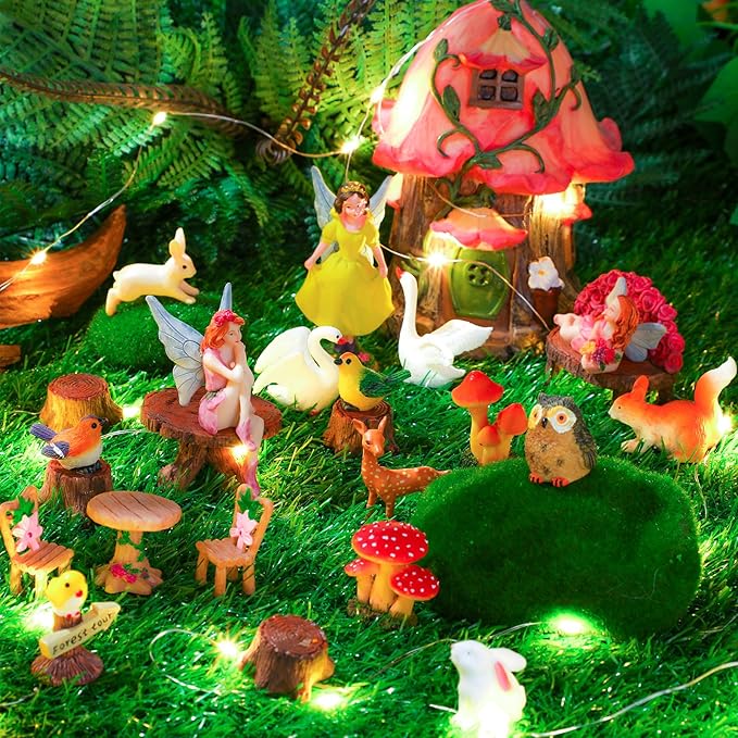 Soaoo Fairy House Garden Figurines Kit Spring Garden Decor Easter Basket Decoration Spring Decoration Outdoor Wildflower Butterfly Fairy Mushroom Party Supplies Micro Landscape Ornaments