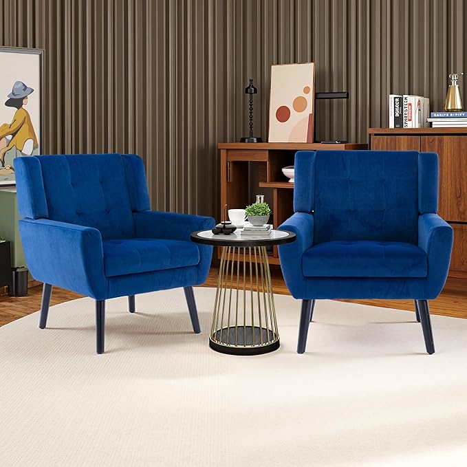 NicBex Accent Chair Set of 2, Modern Chair for Living Room Upholstered Foam Filled Living Room Chairs with Metal Legs Velvet Cozy Lounge Armchair for Living Room Bedroom,Navy Blue