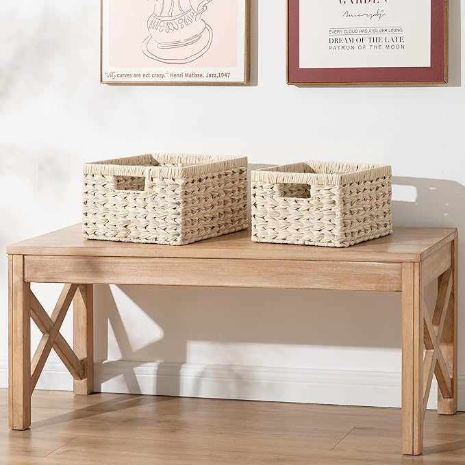 GRANNY SAYS Wicker Baskets for Organizing, Storage Basket for Shelves, Square Shelf Baskets with Handles, Waterproof Woven Basket for Living Room, Baskets for Entryway, Butter Milk