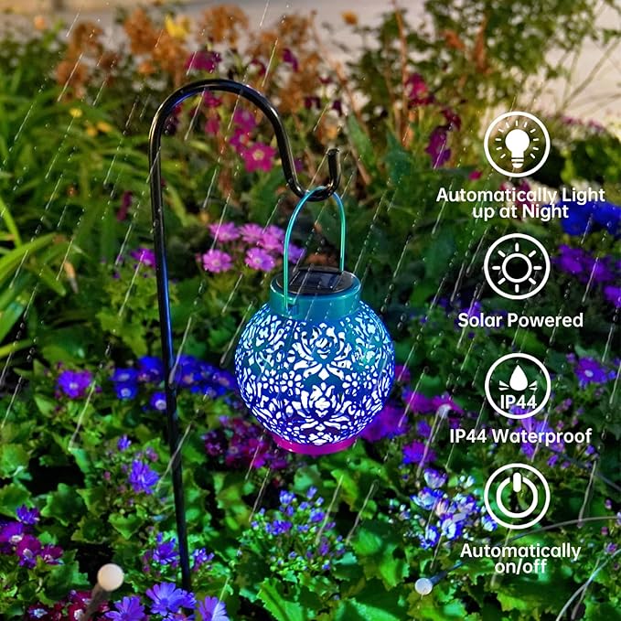 Outdoor Solar Hanging Lantern Lights Metal LED Decorative Lamp for Garden Patio Courtyard Lawn and Table with Hollowed-Out Design (Royal Purple)