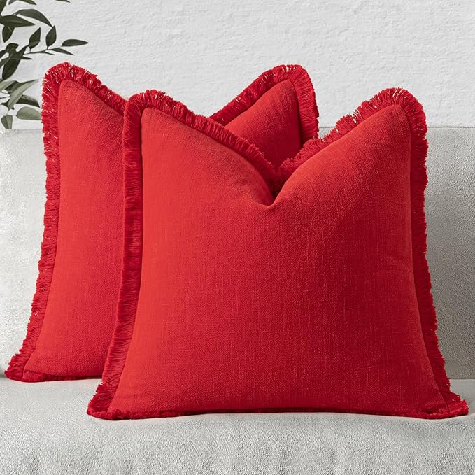 MIULEE Christmas Decorative Throw Pillow Covers Neutral Linen Fringe Throw Pillows Set of 2 Red Boho Farmhouse Cushion Covers with Tassels for Couch Sofa Bed Living Room Spring Home Decor 20x20 Inch
