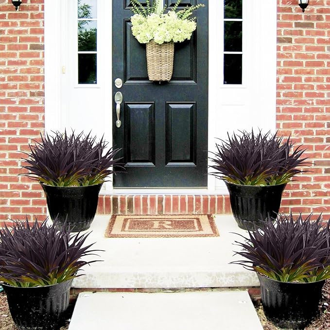 24Pcs Artificial Grass Plant Fake Outdoor Plastic Plants UV Resistant Faux Grasses Greenery Shrubs for Window Box Garden Patio Porch Home Decor Deep Purple