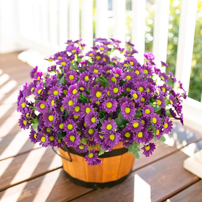 Daisy Artificial Flowers for Outdoors Summer Fall Decoration, 6 Bundles Fake Mums Purple Silk Flowers for Outside Look Real UV Resistant Faux Flowers Plants for Planter Front Door Home Indoor Porch