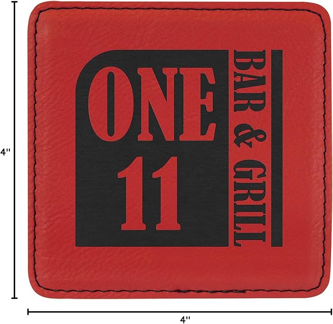 Custom Engraved Coasters | Personalized Leather Coaster | Set of 6 | Drink Coasters with Holder | Laser Engraved | Tabletop Protection | Gift for Couples (Square 4" x 4", Red w/Black)