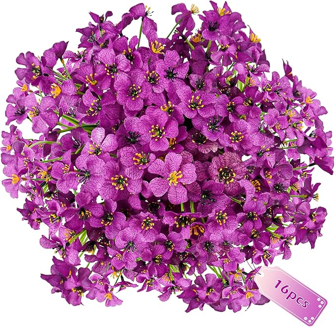 Uieke 16PCS Artificial Flowers for Outdoors UV Resistant Fake Flowers for Outside Indoor Home Porch Window Box Spring Summer Décor (Purple)