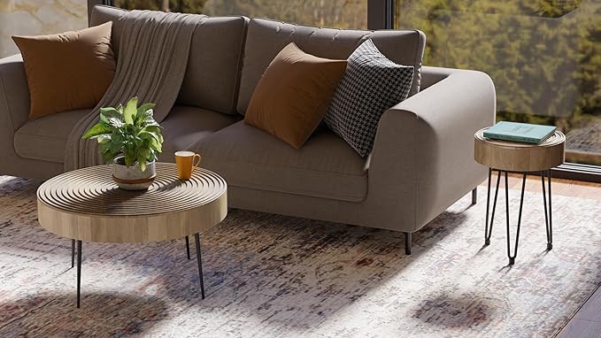 Relso Aspen Round Nesting Coffee Table Set of 2 – Solid Wood Nesting Tables with Metal Legs, Natural Finish | End Table with Ring Pattern | Modern Accent Tables for Living Room, Boho, Farmhouse Decor