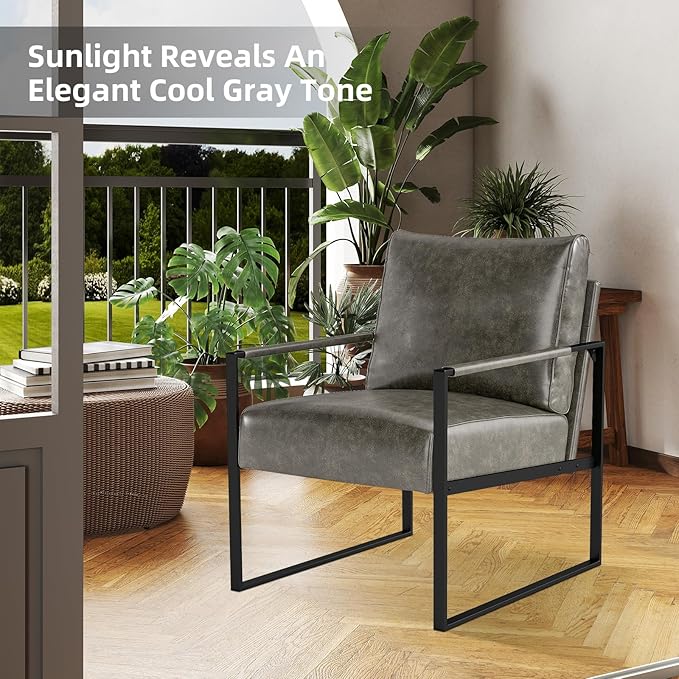 Phoenix Home PU Leather Accent Chair, Leisure Metal Framed Armchair with Extra Soft Padded and Cushion, 105 Degree Slant Back, Modern Reading Arm Chair for Living Room/Office/Bedroom, Black