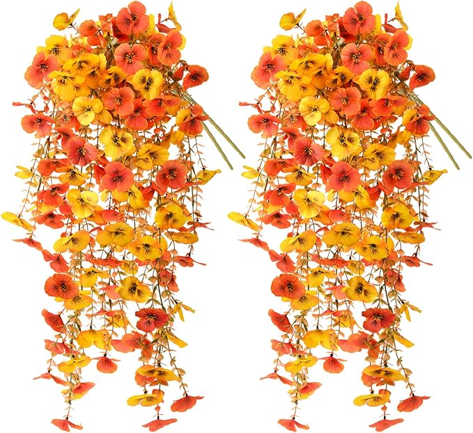 Artificial Fall Flowers for Outdoor, 4 Pcs Faux Pansy Fake Mums Plant Hanging Flowers Outdoor Fall Decor, UV Resistant No Fade Silk Flower for Front Door Porch Planter Patio Yard Garden(Orange Golden)
