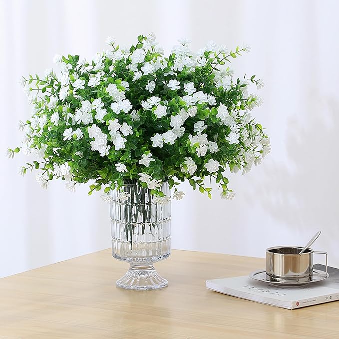 SITUMEIZI 8 Bundles White Artificial Flowers Outdoor Fake Flower Plastic UV Resistant Shrubs Greenery Plants Hanging Decorations Garden Porch Window Box Farmhouse Outside Summer Indoor Decor