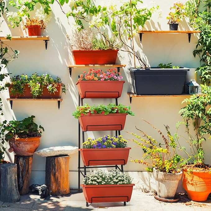 OYEAL Raised Garden Bed 4 Tier Vertical Garden Planter Indoor Outdoor Herb Planter with Legs Elevated Garden Planters for Flowers Vegetables Plants, Brick Red